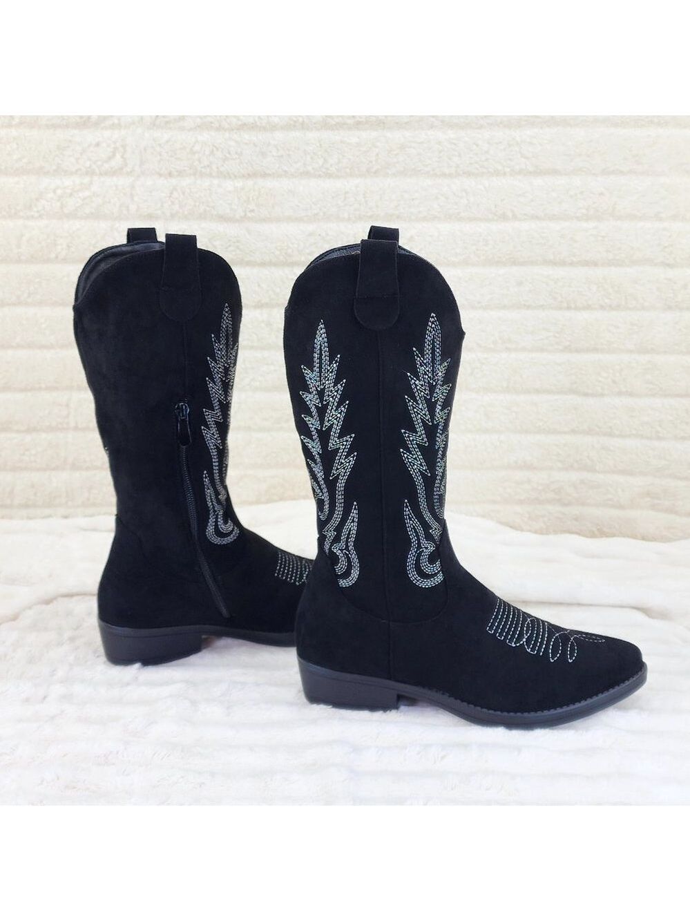 Western Mid-calf Cowboy Cowgirl Boots Black Low 1.5" Heels White Stitch